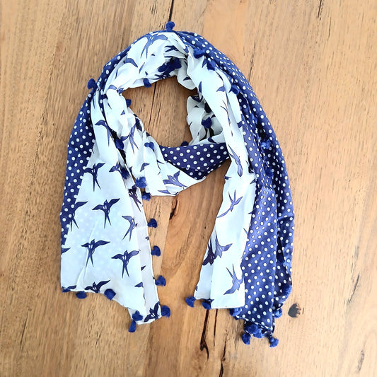 White and Blue, Bird Patterned Scarf Yash-497