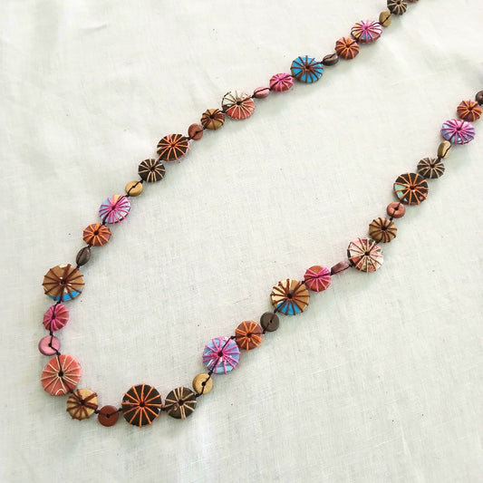 Multicoloured Embroidered Wooden Bead Necklace N6-6056X