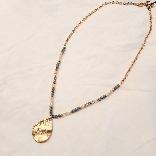 Tear-drop Golden Pendant and Grey Beads Necklace - 22-0779N
