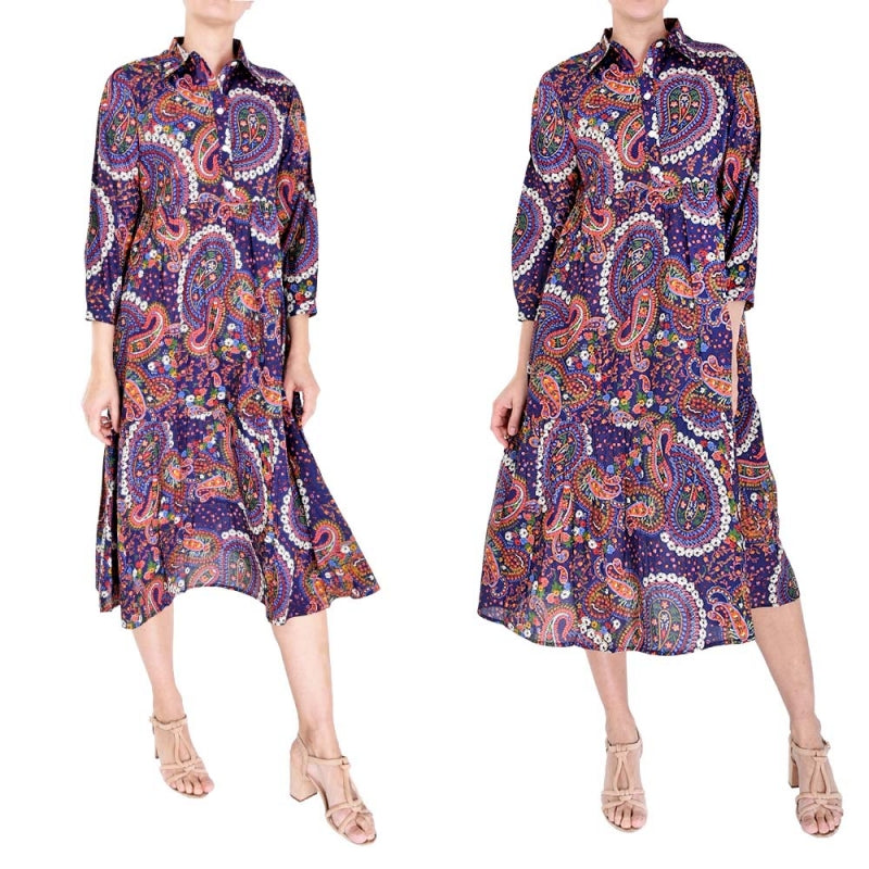 Buttoned Shirt Collar Midi Dress - Bleu Fonce 65957