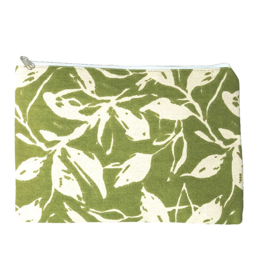 Olive green/cream cotton cosmetic pouch 25x18 cm