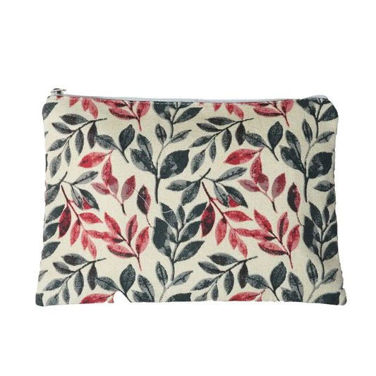 Grey/coral leaf design cotton cosmetic pouch 25x18 cm