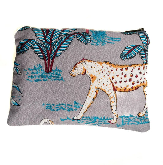 Grey tiger print cotton cosmetic pouch 25x18cm