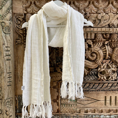 Audrey Heavy Mesh Scarf/Runner With Fringe - Optic White