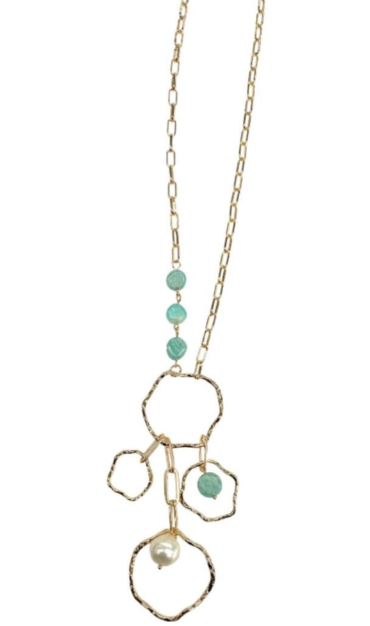 Gold finish necklace with pearl  and green beads