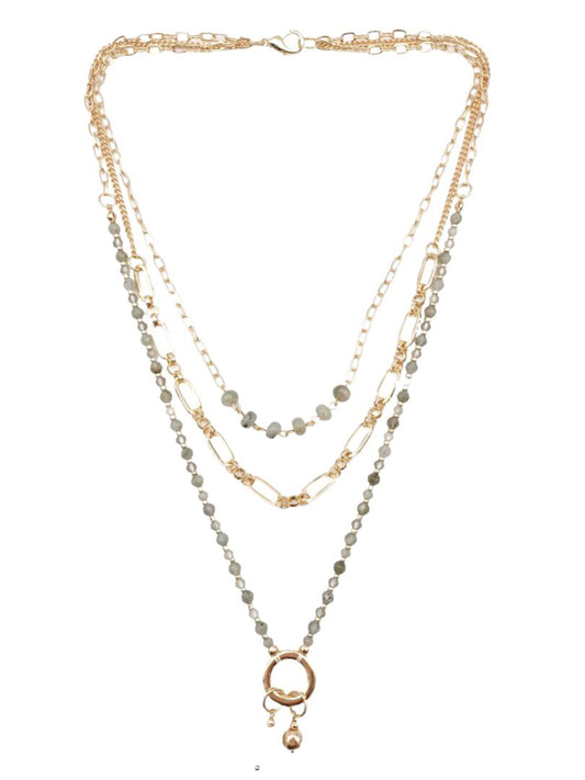 Gold finish 3 tier necklace with pearl and grey beads