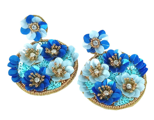 Blue floral beaded earrings