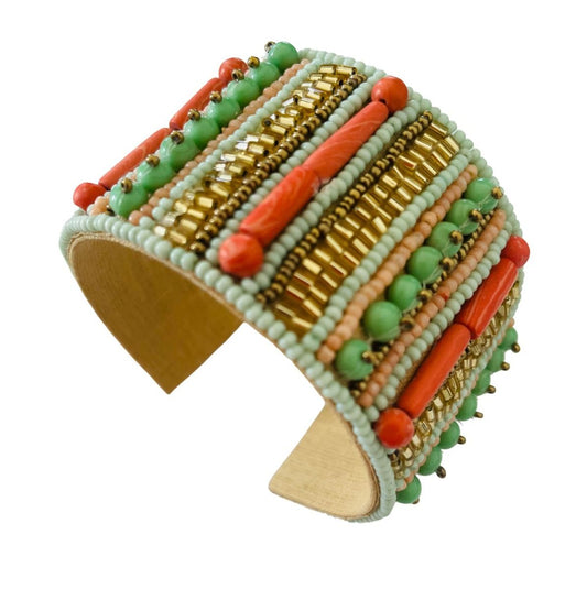 Peach/turquoise beaded cuff bracelet
