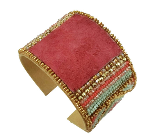 Suede/ beaded coral cuff bracelet