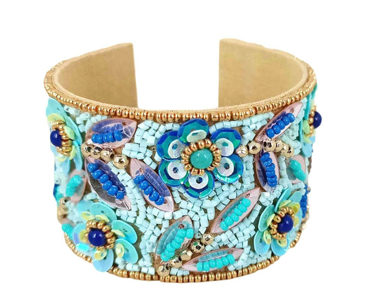 Blue beaded floral cuff bracel