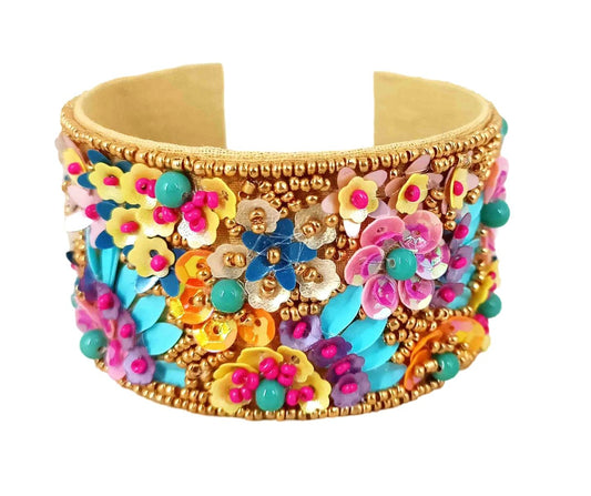 Multi beaded floral cuff bracl