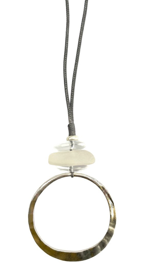 Silver pendant with resin bead on grey adjustable cord