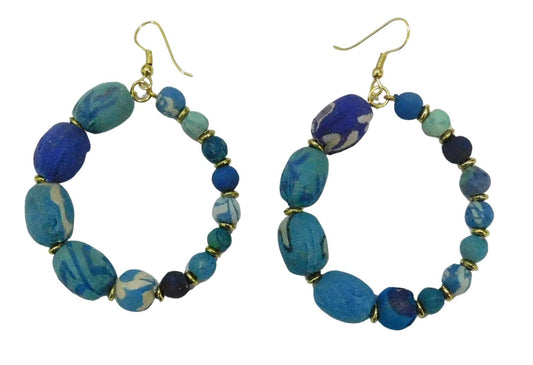 Blue toral fabric bead earrings