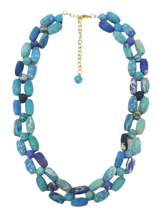 Blue toral fabric double strand necklace