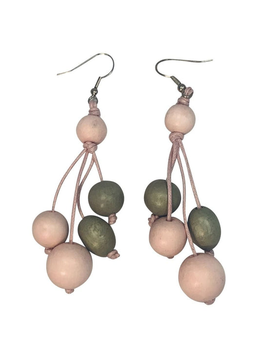 Multi bead wooden earrings pink/sage